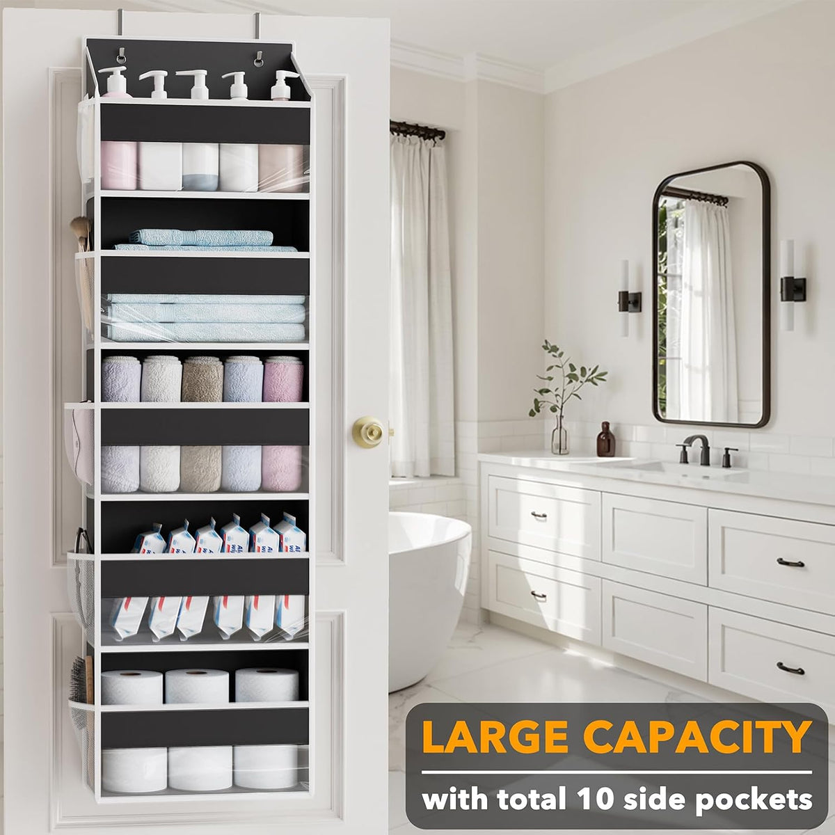 Over The Door Organizer with 5 Large Pockets and 10 Mesh Side Pockets, 5 Layers Door Organizer Hanging with Clear Window for Bedroom, Bathroom, Pantry and Nursery, White