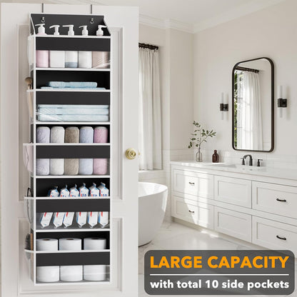 Over The Door Organizer with 5 Large Pockets and 10 Mesh Side Pockets, 5 Layers Door Organizer Hanging with Clear Window for Bedroom, Bathroom, Pantry and Nursery, White