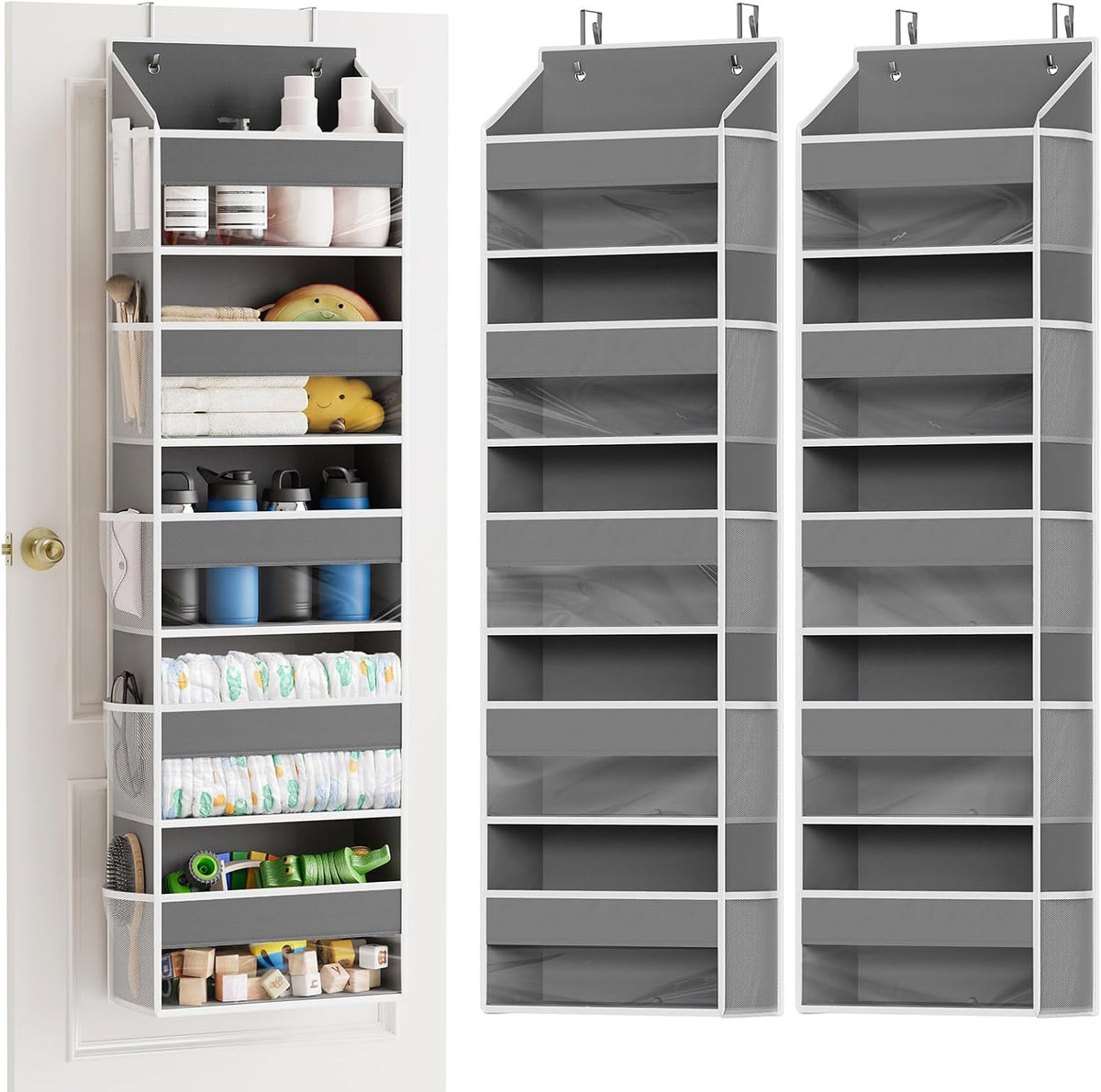 Over The Door Organizer with 5 Large Pockets and 10 Mesh Side Pockets, 5 Layers Door Organizer Hanging with Clear Window for Bedroom, Bathroom, Pantry and Nursery, White