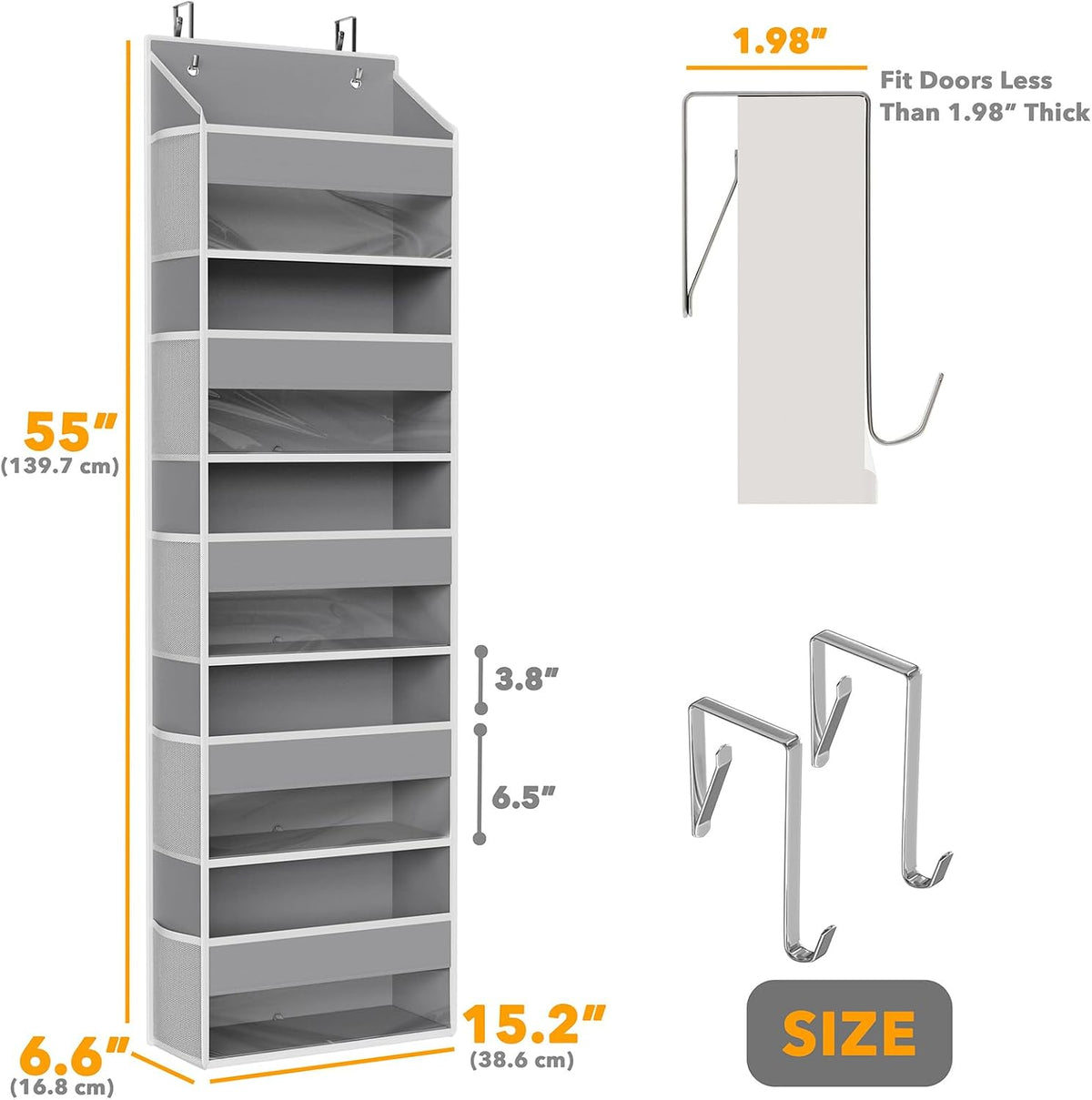 Over The Door Organizer with 5 Large Pockets and 10 Mesh Side Pockets, 5 Layers Door Organizer Hanging with Clear Window for Bedroom, Bathroom, Pantry and Nursery, White