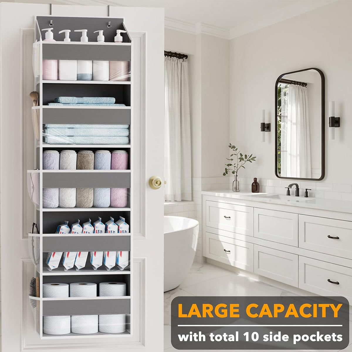 Over The Door Organizer with 5 Large Pockets and 10 Mesh Side Pockets, 5 Layers Door Organizer Hanging with Clear Window for Bedroom, Bathroom, Pantry and Nursery, White