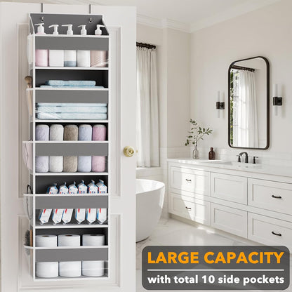Over The Door Organizer with 5 Large Pockets and 10 Mesh Side Pockets, 5 Layers Door Organizer Hanging with Clear Window for Bedroom, Bathroom, Pantry and Nursery, White
