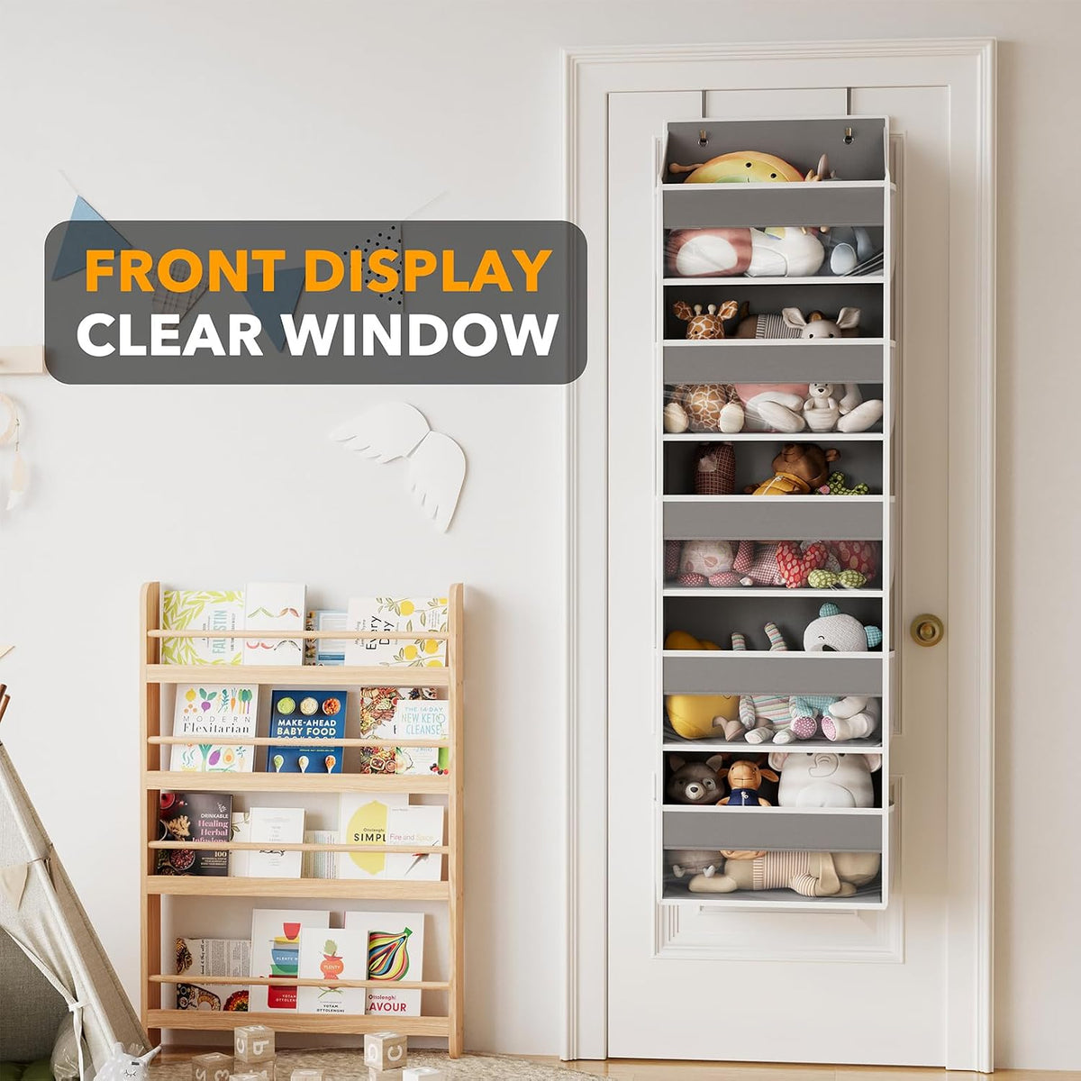 Over The Door Organizer with 5 Large Pockets and 10 Mesh Side Pockets, 5 Layers Door Organizer Hanging with Clear Window for Bedroom, Bathroom, Pantry and Nursery, White