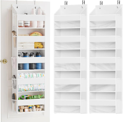 Over The Door Organizer with 5 Large Pockets and 10 Mesh Side Pockets, 5 Layers Door Organizer Hanging with Clear Window for Bedroom, Bathroom, Pantry and Nursery, White