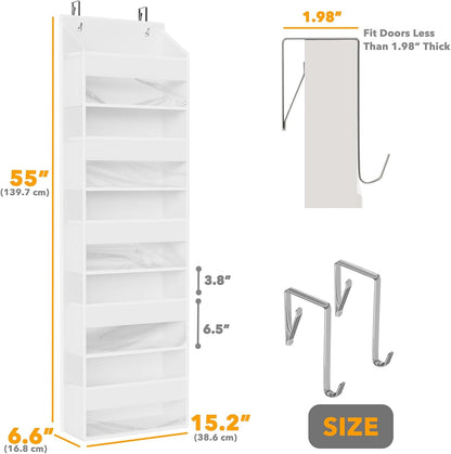 Over The Door Organizer with 5 Large Pockets and 10 Mesh Side Pockets, 5 Layers Door Organizer Hanging with Clear Window for Bedroom, Bathroom, Pantry and Nursery, White