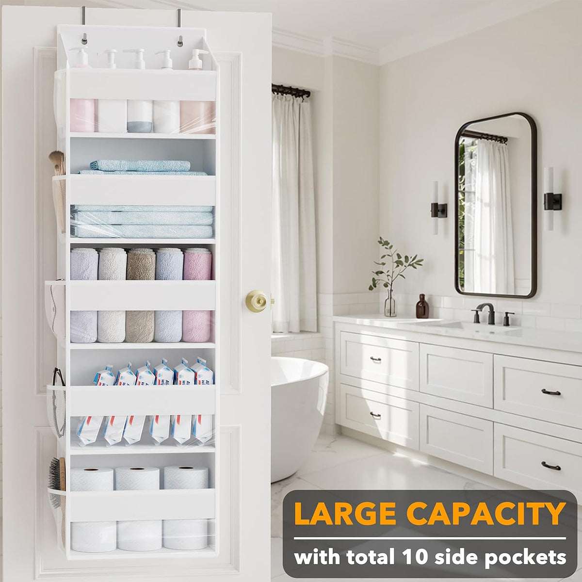 Over The Door Organizer with 5 Large Pockets and 10 Mesh Side Pockets, 5 Layers Door Organizer Hanging with Clear Window for Bedroom, Bathroom, Pantry and Nursery, White
