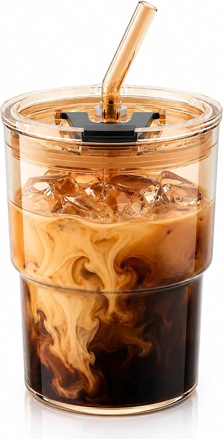 13oz Iced Coffee Cup, Glass Tumbler with Straw and Lid, Leakproof | for Tea, Matcha, Cold Brew, Sealed, Portable, Thick Wall, BPA-Free, Reusable Mug for School Year (Clear)