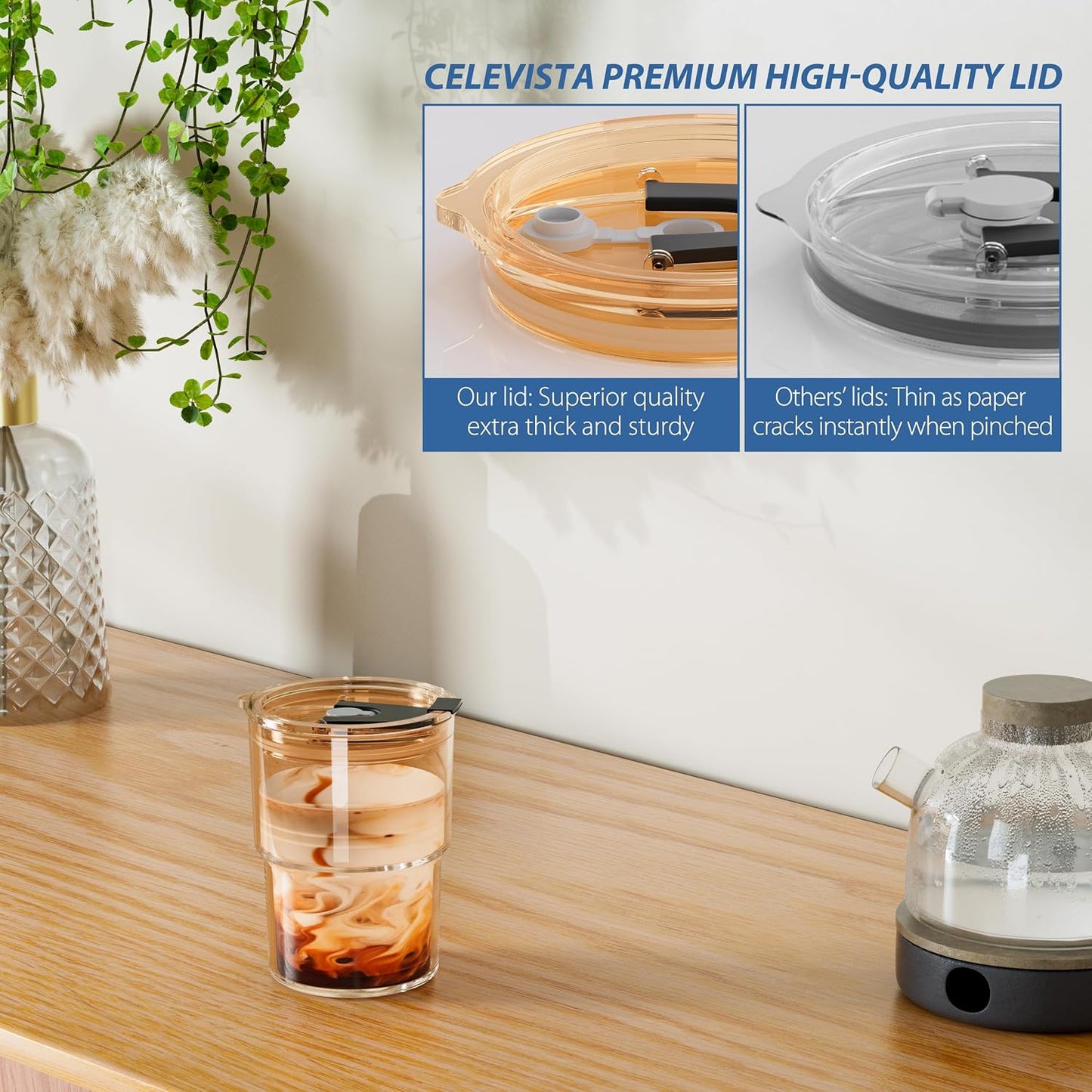 13oz Iced Coffee Cup, Glass Tumbler with Straw and Lid, Leakproof | for Tea, Matcha, Cold Brew, Sealed, Portable, Thick Wall, BPA-Free, Reusable Mug for School Year (Clear)