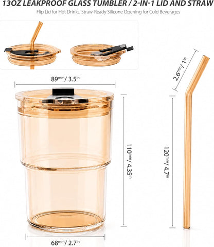 13oz Iced Coffee Cup, Glass Tumbler with Straw and Lid, Leakproof | for Tea, Matcha, Cold Brew, Sealed, Portable, Thick Wall, BPA-Free, Reusable Mug for School Year (Clear)