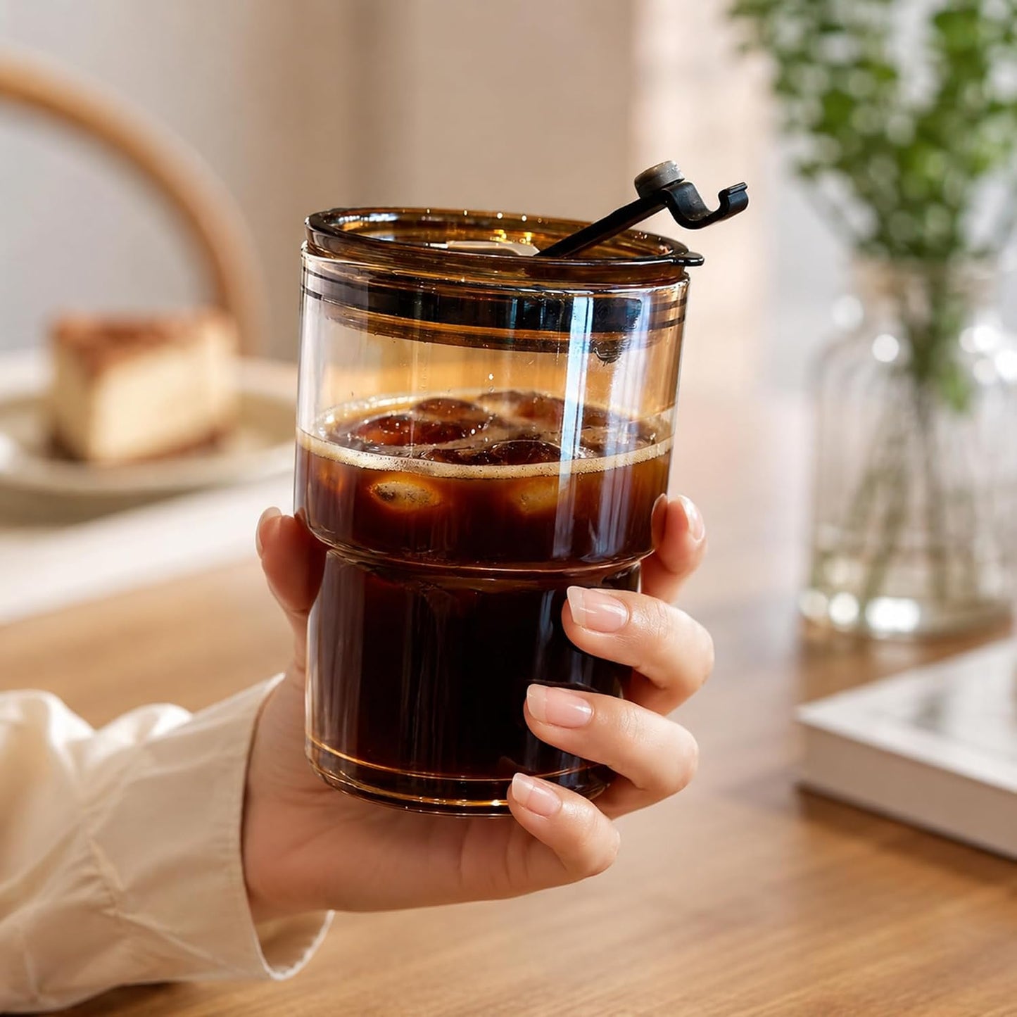 13oz Iced Coffee Cup, Glass Tumbler with Straw and Lid, Leakproof | for Tea, Matcha, Cold Brew, Sealed, Portable, Thick Wall, BPA-Free, Reusable Mug for School Year (Clear)