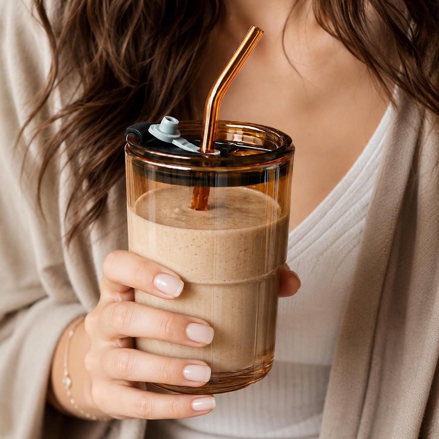 13oz Iced Coffee Cup, Glass Tumbler with Straw and Lid, Leakproof | for Tea, Matcha, Cold Brew, Sealed, Portable, Thick Wall, BPA-Free, Reusable Mug for School Year (Clear)
