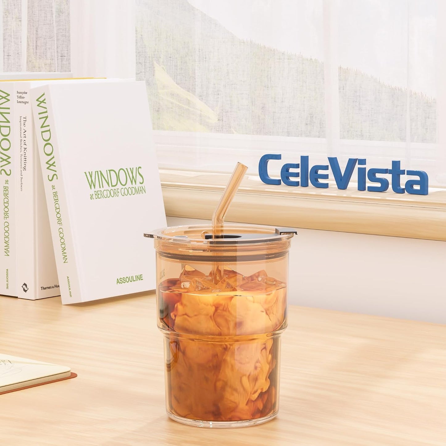13oz Iced Coffee Cup, Glass Tumbler with Straw and Lid, Leakproof | for Tea, Matcha, Cold Brew, Sealed, Portable, Thick Wall, BPA-Free, Reusable Mug for School Year (Clear)