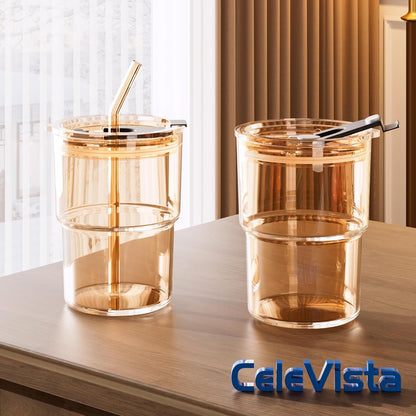 13oz Iced Coffee Cup, Glass Tumbler with Straw and Lid, Leakproof | for Tea, Matcha, Cold Brew, Sealed, Portable, Thick Wall, BPA-Free, Reusable Mug for School Year (Clear)
