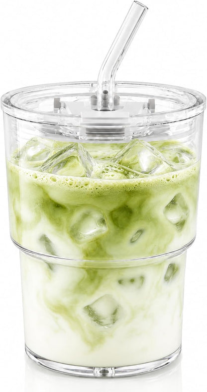13oz Iced Coffee Cup, Glass Tumbler with Straw and Lid, Leakproof | for Tea, Matcha, Cold Brew, Sealed, Portable, Thick Wall, BPA-Free, Reusable Mug for School Year (Clear)