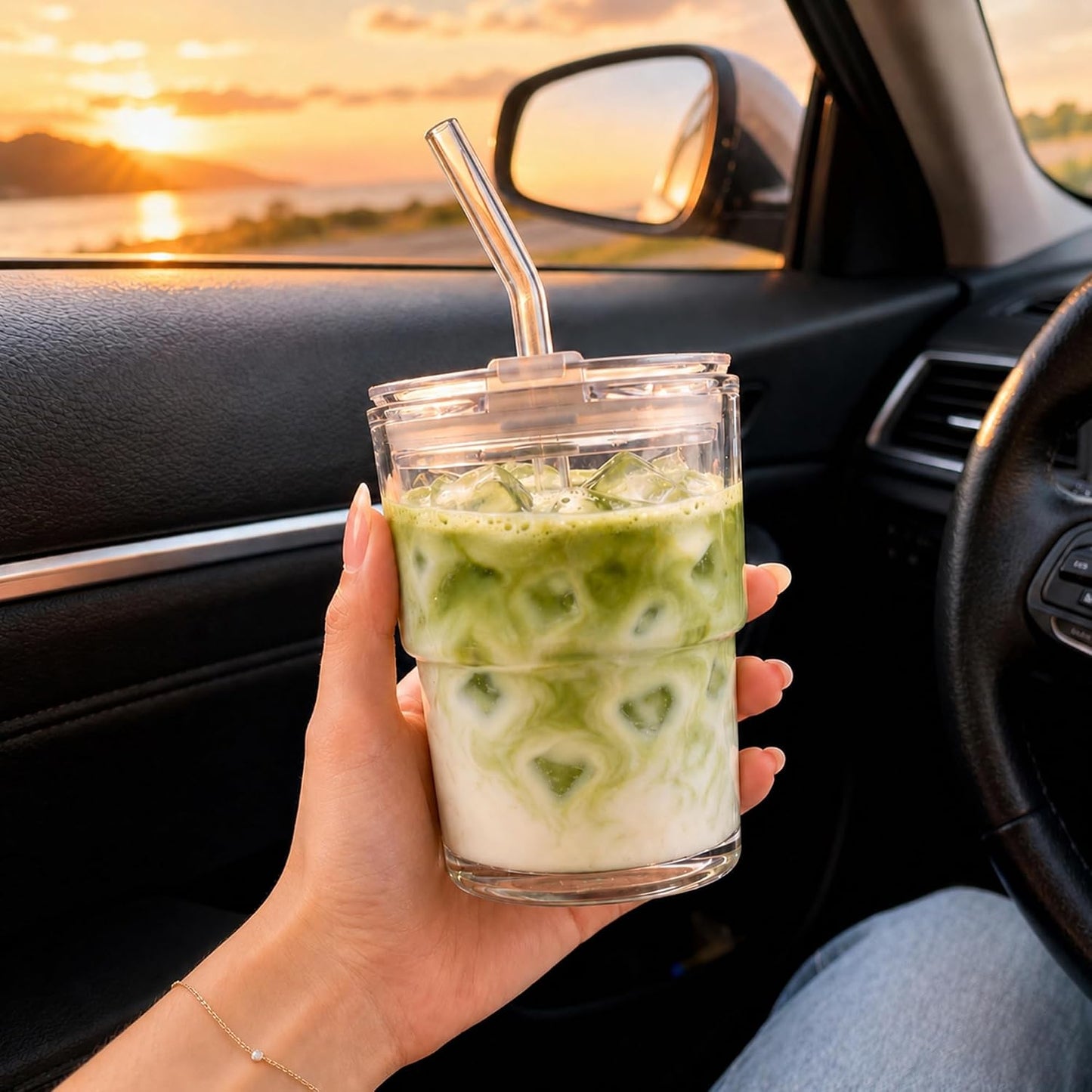 13oz Iced Coffee Cup, Glass Tumbler with Straw and Lid, Leakproof | for Tea, Matcha, Cold Brew, Sealed, Portable, Thick Wall, BPA-Free, Reusable Mug for School Year (Clear)