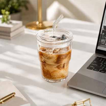13oz Iced Coffee Cup, Glass Tumbler with Straw and Lid, Leakproof | for Tea, Matcha, Cold Brew, Sealed, Portable, Thick Wall, BPA-Free, Reusable Mug for School Year (Clear)