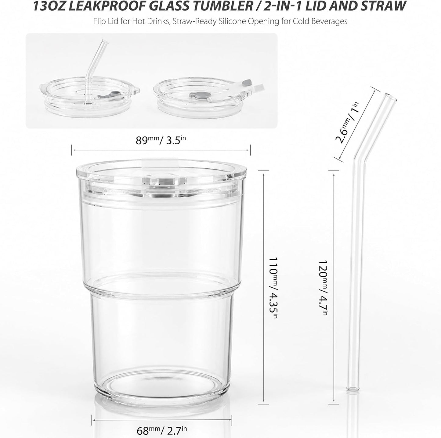13oz Iced Coffee Cup, Glass Tumbler with Straw and Lid, Leakproof | for Tea, Matcha, Cold Brew, Sealed, Portable, Thick Wall, BPA-Free, Reusable Mug for School Year (Clear)