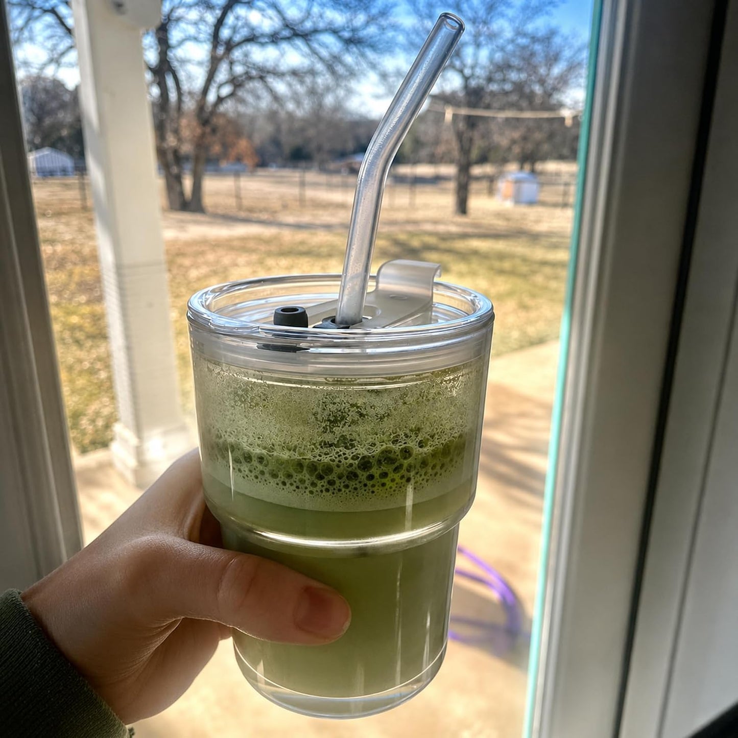 13oz Iced Coffee Cup, Glass Tumbler with Straw and Lid, Leakproof | for Tea, Matcha, Cold Brew, Sealed, Portable, Thick Wall, BPA-Free, Reusable Mug for School Year (Clear)