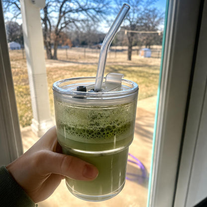 13oz Iced Coffee Cup, Glass Tumbler with Straw and Lid, Leakproof | for Tea, Matcha, Cold Brew, Sealed, Portable, Thick Wall, BPA-Free, Reusable Mug for School Year (Clear)