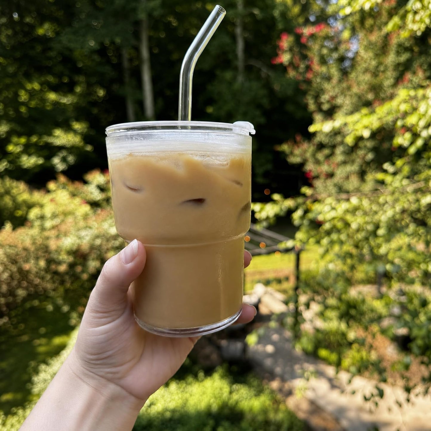 13oz Iced Coffee Cup, Glass Tumbler with Straw and Lid, Leakproof | for Tea, Matcha, Cold Brew, Sealed, Portable, Thick Wall, BPA-Free, Reusable Mug for School Year (Clear)