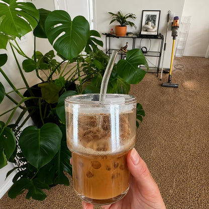 13oz Iced Coffee Cup, Glass Tumbler with Straw and Lid, Leakproof | for Tea, Matcha, Cold Brew, Sealed, Portable, Thick Wall, BPA-Free, Reusable Mug for School Year (Clear)