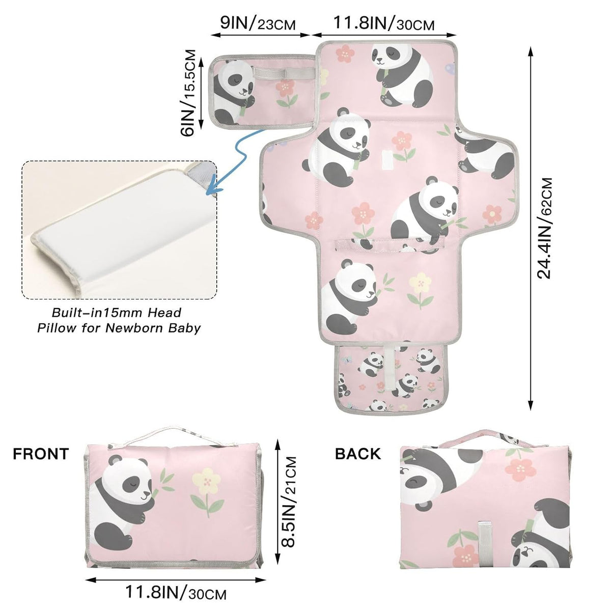 Panda Flower Print Portable Diaper Changing Pad for Camping
