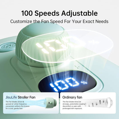 JISULIFE Stroller Fan Baby Large, Safe Bladeless for Crib, Desk, 4000mAh Battery Rechargeable Portable Cooling Fan with Air Turbo Tech, Night Light, Food-Grade Gift for Mom/Dad/Friend - Green