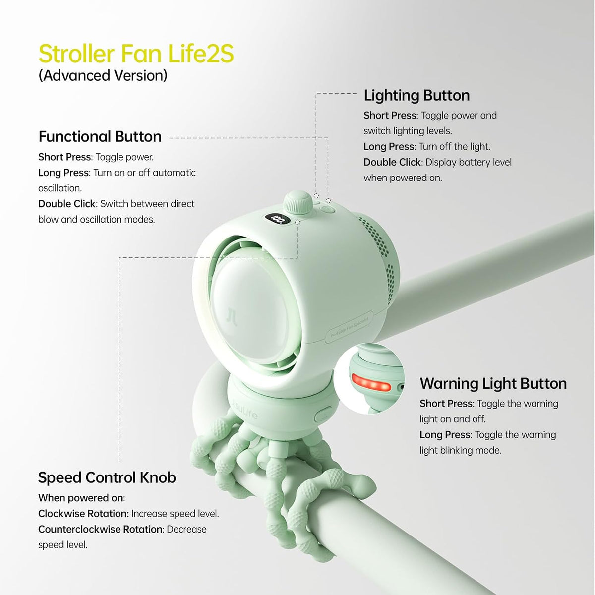 JISULIFE Stroller Fan Baby Large, Safe Bladeless for Crib, Desk, 4000mAh Battery Rechargeable Portable Cooling Fan with Air Turbo Tech, Night Light, Food-Grade Gift for Mom/Dad/Friend - Green