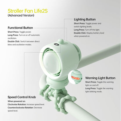 JISULIFE Stroller Fan Baby Large, Safe Bladeless for Crib, Desk, 4000mAh Battery Rechargeable Portable Cooling Fan with Air Turbo Tech, Night Light, Food-Grade Gift for Mom/Dad/Friend - Green