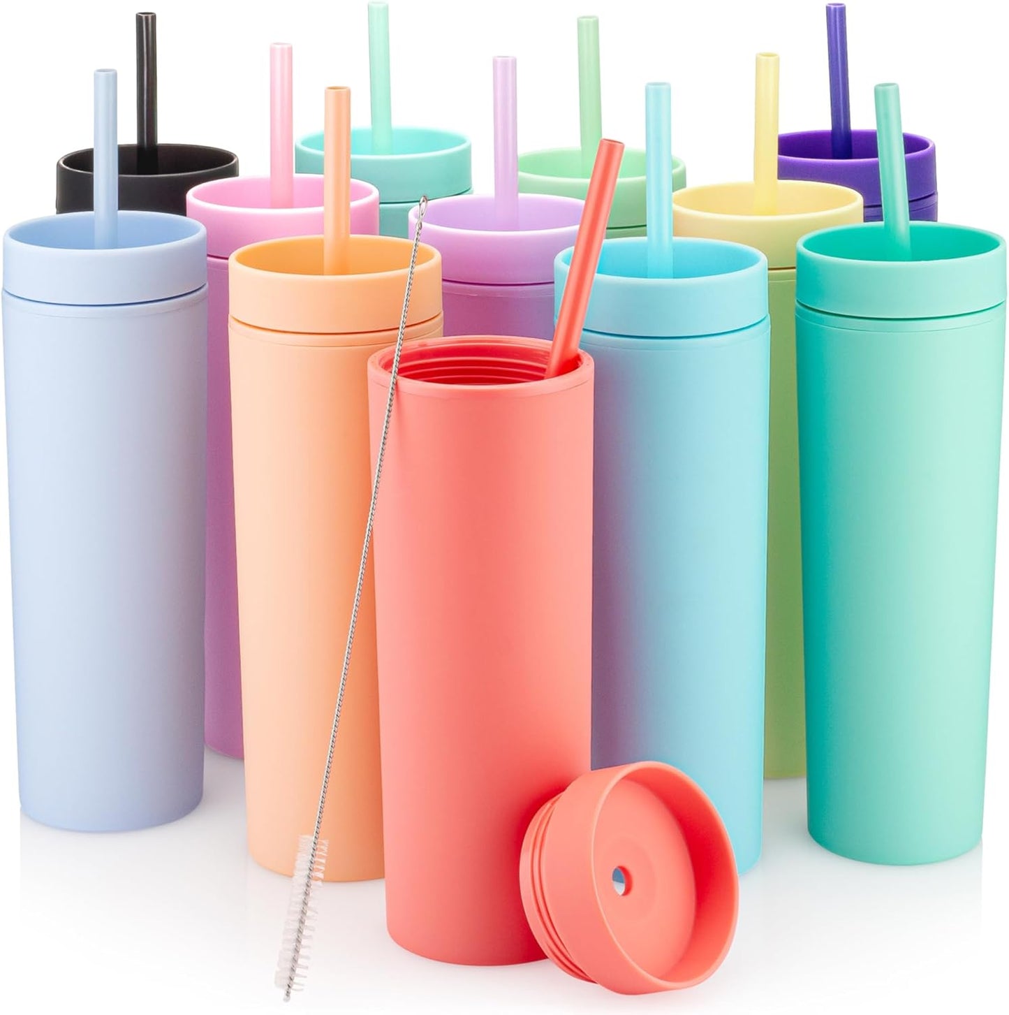 Perwinkle Skinny Tumblers with Lids and Straws (4 pack), 16oz Matte Pastel Colored Acrylic Tumblers with Lids and Straws, Double Wall Skinny Tumbler Bulk, Reusable Cup with Straw Cleaner
