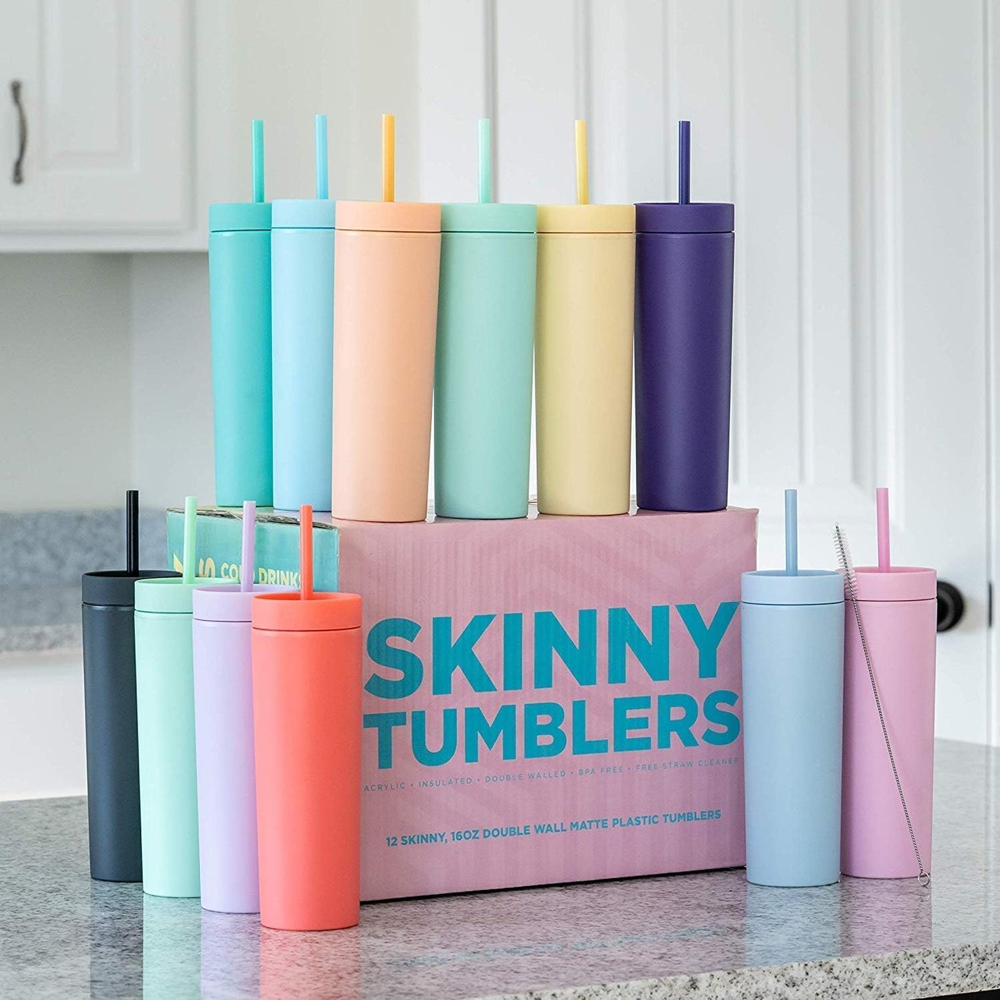 Perwinkle Skinny Tumblers with Lids and Straws (4 pack), 16oz Matte Pastel Colored Acrylic Tumblers with Lids and Straws, Double Wall Skinny Tumbler Bulk, Reusable Cup with Straw Cleaner