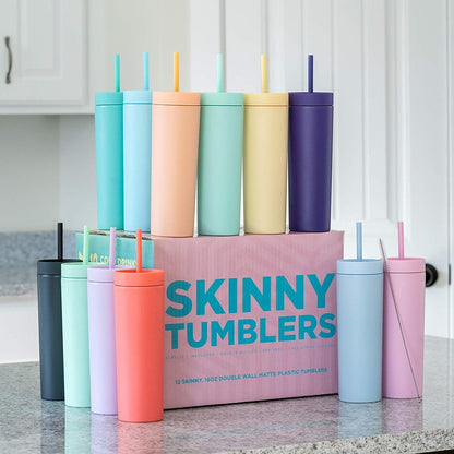 Perwinkle Skinny Tumblers with Lids and Straws (4 pack), 16oz Matte Pastel Colored Acrylic Tumblers with Lids and Straws, Double Wall Skinny Tumbler Bulk, Reusable Cup with Straw Cleaner