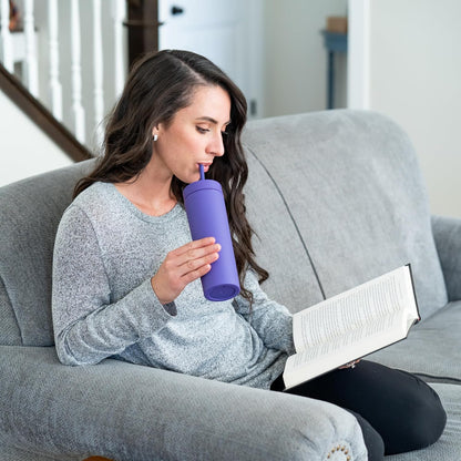 Perwinkle Skinny Tumblers with Lids and Straws (4 pack), 16oz Matte Pastel Colored Acrylic Tumblers with Lids and Straws, Double Wall Skinny Tumbler Bulk, Reusable Cup with Straw Cleaner
