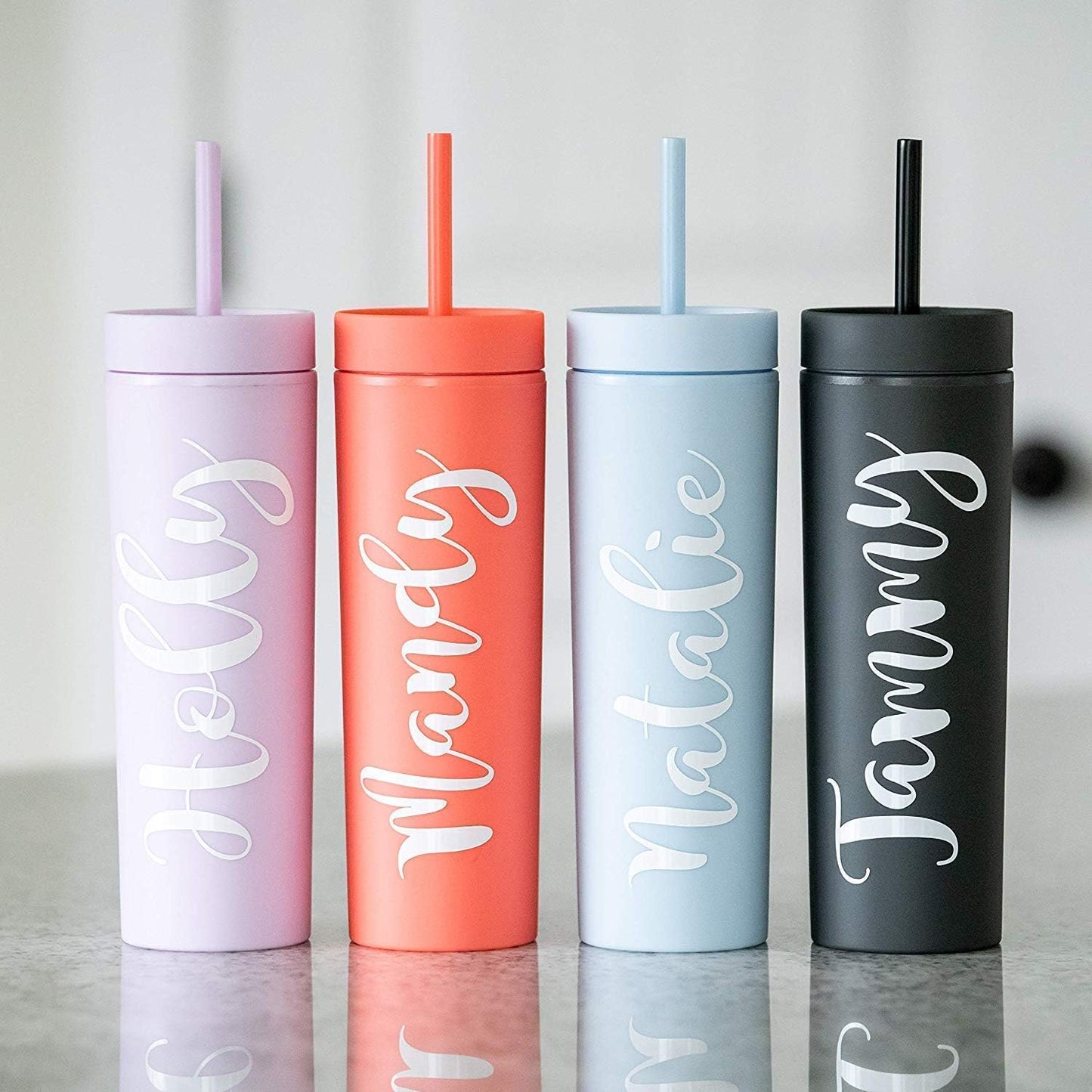 Perwinkle Skinny Tumblers with Lids and Straws (4 pack), 16oz Matte Pastel Colored Acrylic Tumblers with Lids and Straws, Double Wall Skinny Tumbler Bulk, Reusable Cup with Straw Cleaner