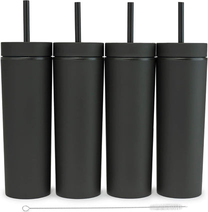 Perwinkle Skinny Tumblers with Lids and Straws (4 pack), 16oz Matte Pastel Colored Acrylic Tumblers with Lids and Straws, Double Wall Skinny Tumbler Bulk, Reusable Cup with Straw Cleaner