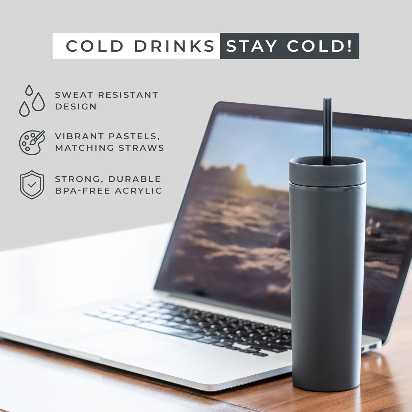 Perwinkle Skinny Tumblers with Lids and Straws (4 pack), 16oz Matte Pastel Colored Acrylic Tumblers with Lids and Straws, Double Wall Skinny Tumbler Bulk, Reusable Cup with Straw Cleaner