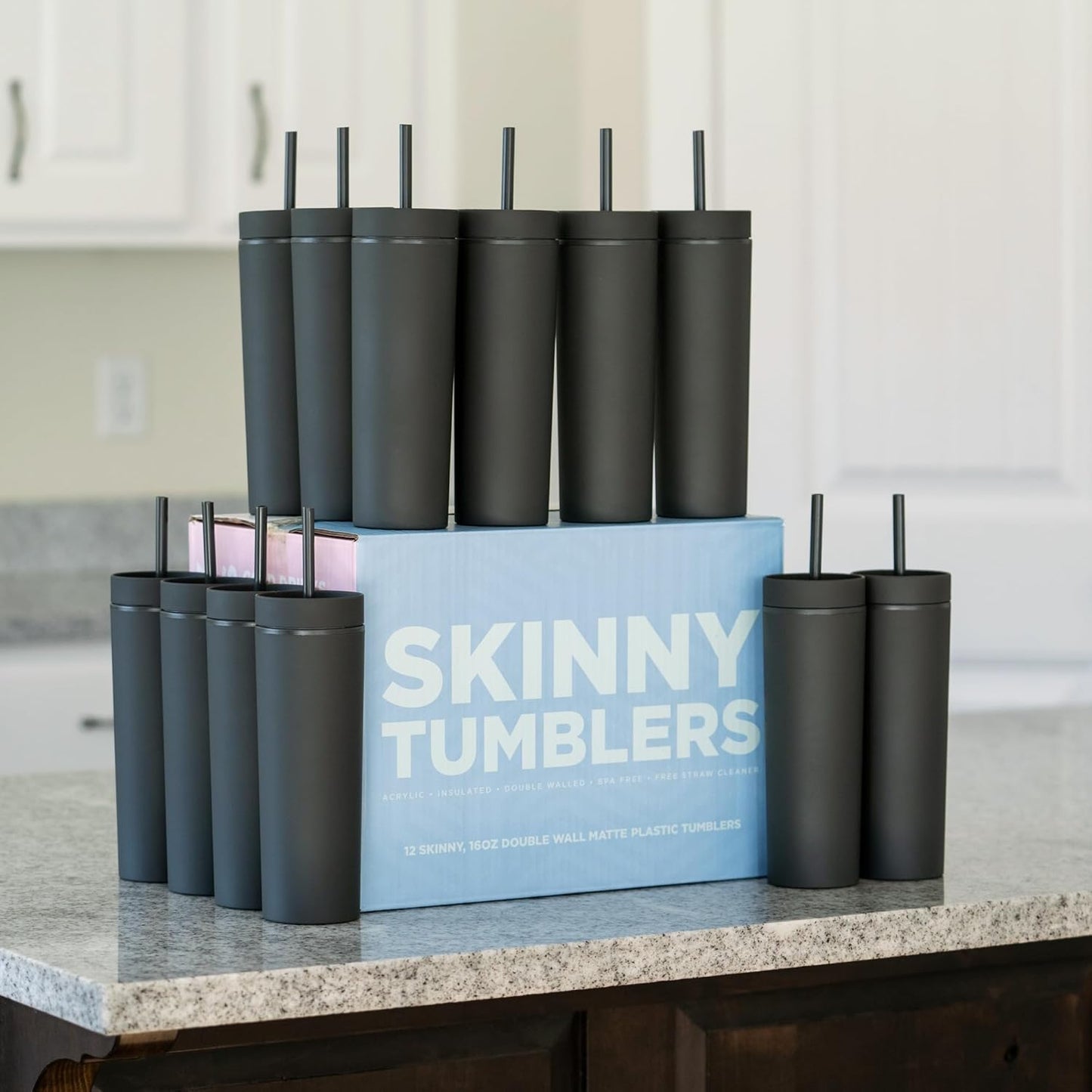 Perwinkle Skinny Tumblers with Lids and Straws (4 pack), 16oz Matte Pastel Colored Acrylic Tumblers with Lids and Straws, Double Wall Skinny Tumbler Bulk, Reusable Cup with Straw Cleaner