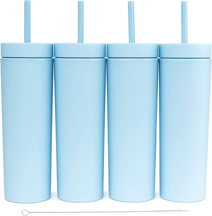 Perwinkle Skinny Tumblers with Lids and Straws (4 pack), 16oz Matte Pastel Colored Acrylic Tumblers with Lids and Straws, Double Wall Skinny Tumbler Bulk, Reusable Cup with Straw Cleaner