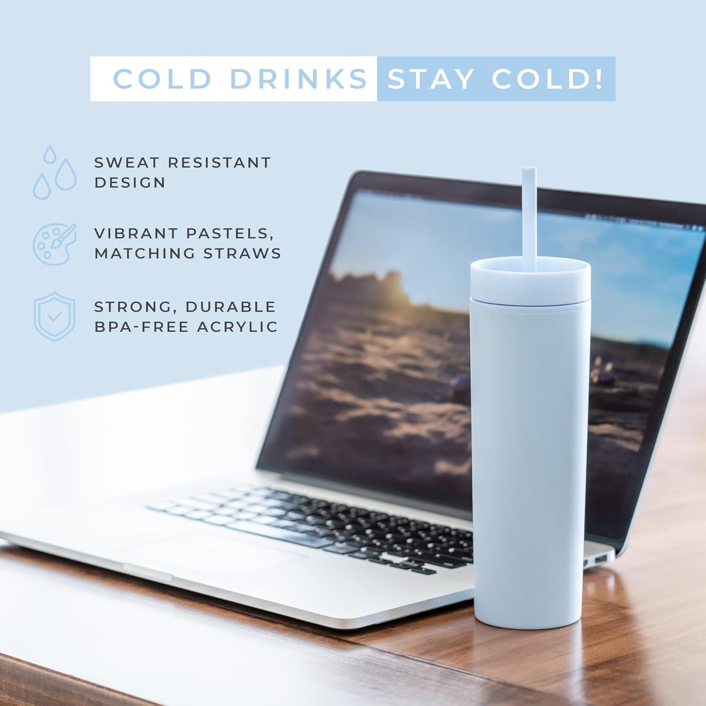 Perwinkle Skinny Tumblers with Lids and Straws (4 pack), 16oz Matte Pastel Colored Acrylic Tumblers with Lids and Straws, Double Wall Skinny Tumbler Bulk, Reusable Cup with Straw Cleaner