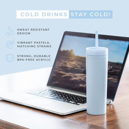 Perwinkle Skinny Tumblers with Lids and Straws (4 pack), 16oz Matte Pastel Colored Acrylic Tumblers with Lids and Straws, Double Wall Skinny Tumbler Bulk, Reusable Cup with Straw Cleaner