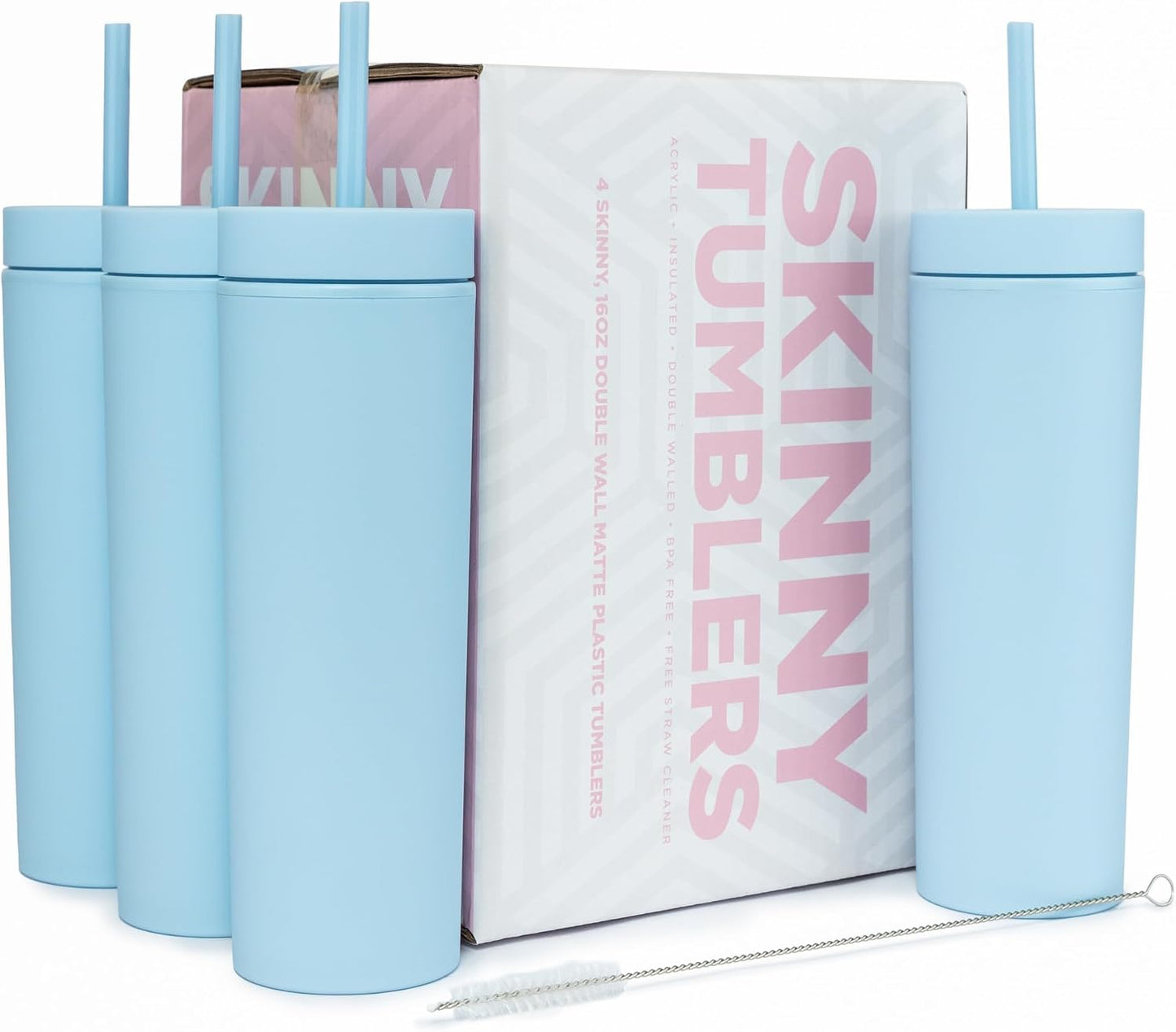 Perwinkle Skinny Tumblers with Lids and Straws (4 pack), 16oz Matte Pastel Colored Acrylic Tumblers with Lids and Straws, Double Wall Skinny Tumbler Bulk, Reusable Cup with Straw Cleaner