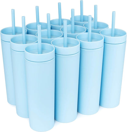 Perwinkle Skinny Tumblers with Lids and Straws (4 pack), 16oz Matte Pastel Colored Acrylic Tumblers with Lids and Straws, Double Wall Skinny Tumbler Bulk, Reusable Cup with Straw Cleaner