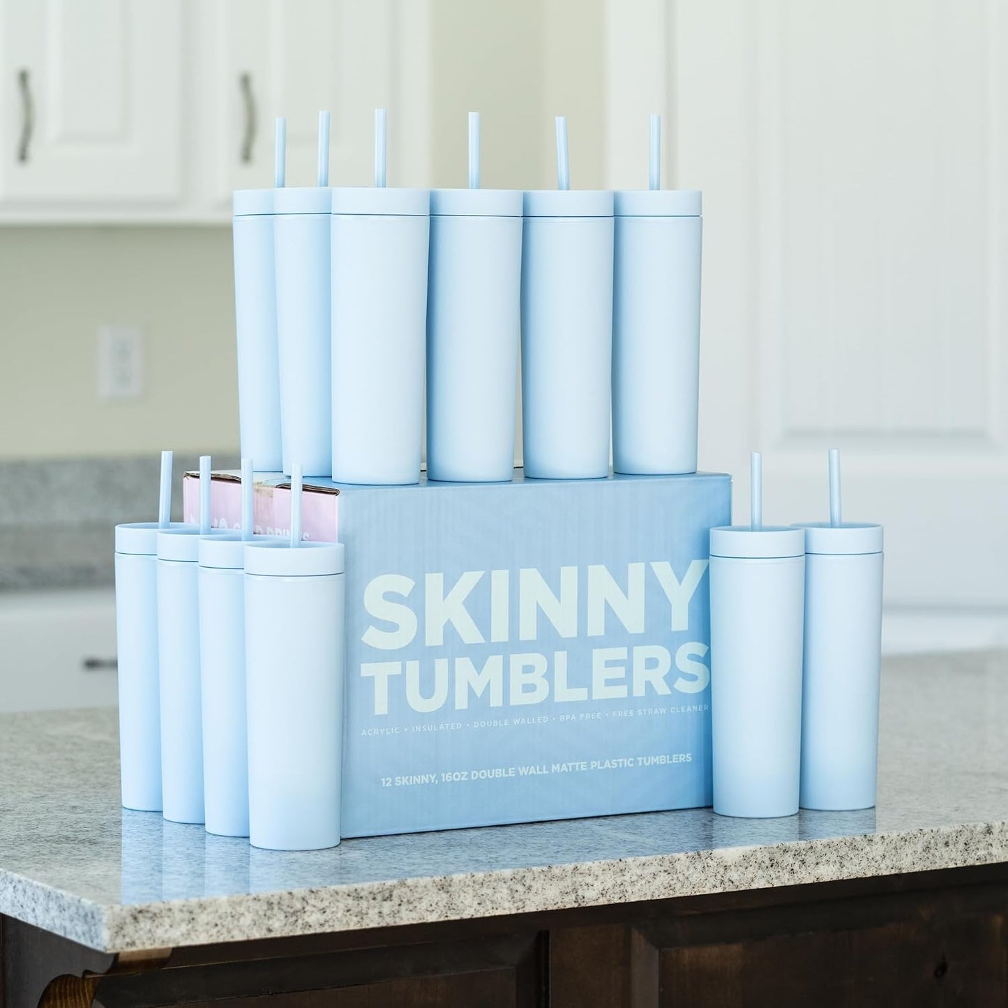 Perwinkle Skinny Tumblers with Lids and Straws (4 pack), 16oz Matte Pastel Colored Acrylic Tumblers with Lids and Straws, Double Wall Skinny Tumbler Bulk, Reusable Cup with Straw Cleaner