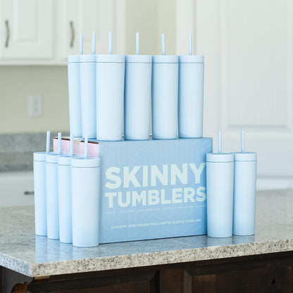 Perwinkle Skinny Tumblers with Lids and Straws (4 pack), 16oz Matte Pastel Colored Acrylic Tumblers with Lids and Straws, Double Wall Skinny Tumbler Bulk, Reusable Cup with Straw Cleaner