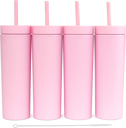 Perwinkle Skinny Tumblers with Lids and Straws (4 pack), 16oz Matte Pastel Colored Acrylic Tumblers with Lids and Straws, Double Wall Skinny Tumbler Bulk, Reusable Cup with Straw Cleaner