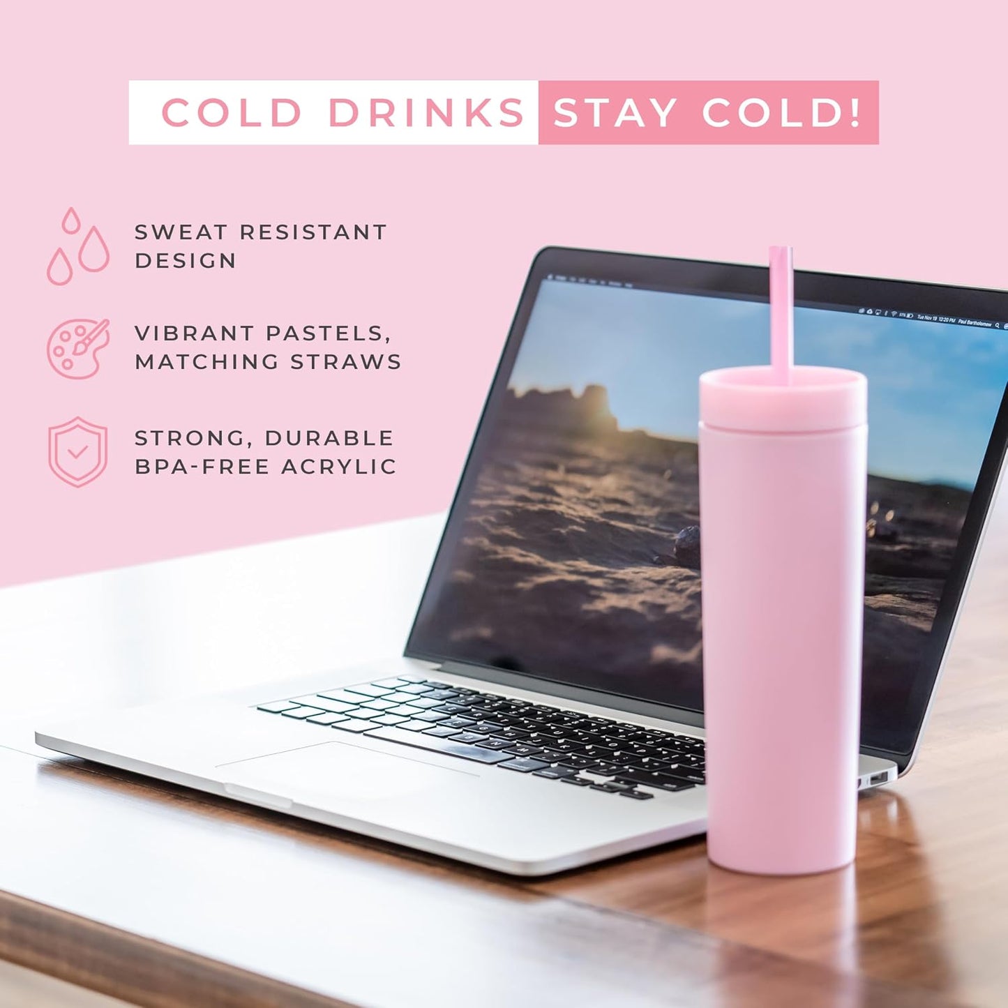 Perwinkle Skinny Tumblers with Lids and Straws (4 pack), 16oz Matte Pastel Colored Acrylic Tumblers with Lids and Straws, Double Wall Skinny Tumbler Bulk, Reusable Cup with Straw Cleaner