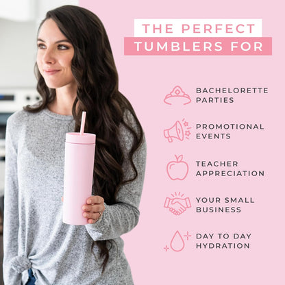 Perwinkle Skinny Tumblers with Lids and Straws (4 pack), 16oz Matte Pastel Colored Acrylic Tumblers with Lids and Straws, Double Wall Skinny Tumbler Bulk, Reusable Cup with Straw Cleaner