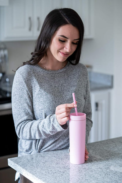 Perwinkle Skinny Tumblers with Lids and Straws (4 pack), 16oz Matte Pastel Colored Acrylic Tumblers with Lids and Straws, Double Wall Skinny Tumbler Bulk, Reusable Cup with Straw Cleaner