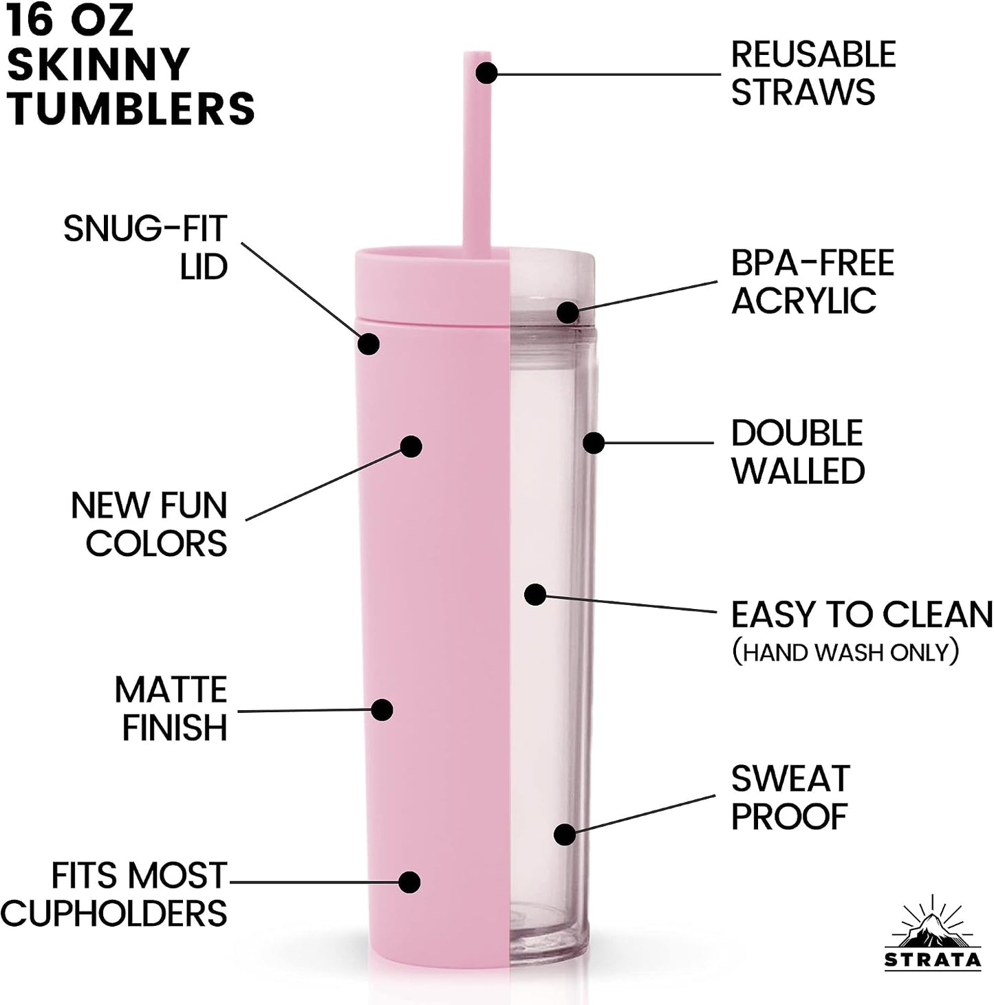 Perwinkle Skinny Tumblers with Lids and Straws (4 pack), 16oz Matte Pastel Colored Acrylic Tumblers with Lids and Straws, Double Wall Skinny Tumbler Bulk, Reusable Cup with Straw Cleaner