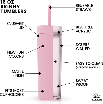 Perwinkle Skinny Tumblers with Lids and Straws (4 pack), 16oz Matte Pastel Colored Acrylic Tumblers with Lids and Straws, Double Wall Skinny Tumbler Bulk, Reusable Cup with Straw Cleaner